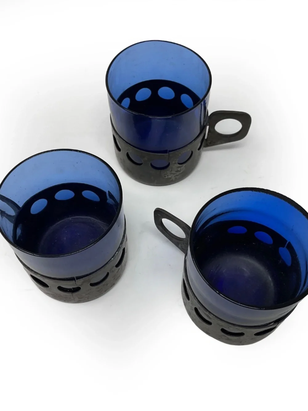 Rare set of 3 vintage mid-century modern cobalt blue glass mugs in metal cages
